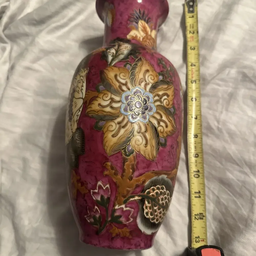 Vintage WBI Chinese Vase Porcelain Floral Design Blue Pink 12” Tall Gold Outline